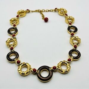 Stunning Gold tone and Brown Enamel with Red Cabochon linked Necklace